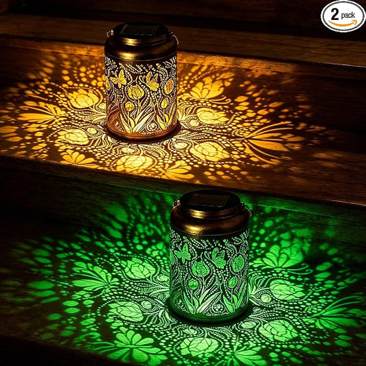 2 Pack Butterfly Solar Lanterns Outdoor Waterproof, Birthday Gifts for Women Mom Grandma Seniors, Metal Hanging Lanterns Decorative Colorful LED Lights for Lawn, Yard, Patio, Backyard, Porch