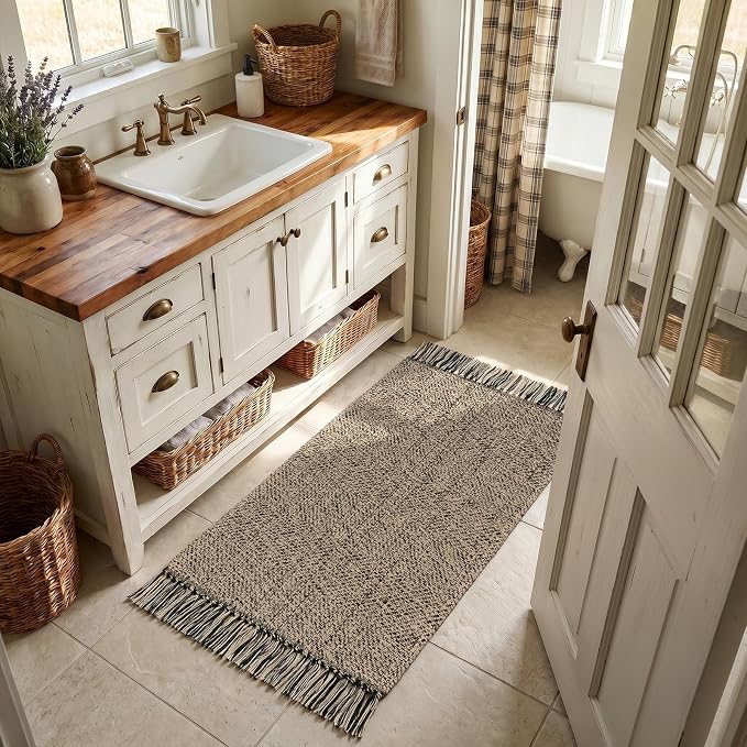 2' x 4.3' Boho Kitchen Runner Rug, Natural/Black Bathroom Rug | Hand-Woven Bathroom Rugs, Boho Washable Entry Carpet Washable Reversible Front Door Mats for Laundry Porch Decor