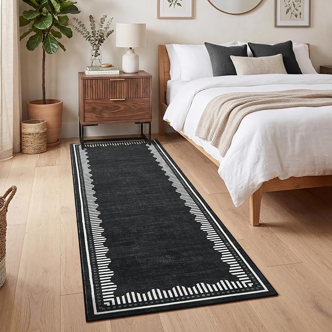 Garvee 2x8 Runner Rug Hallway Kitchen Washable Neutral Solid Black Runners | Low Pile Stain Resistant Modern Geometric Living Room Bedroom Long Runner Throw Carpet Scalloped Nuesery Entry Area Rugs