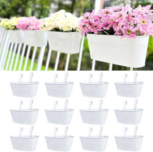 LaLaGreen Rail Planter Outdoor Plants (11.8 Inch, 12 Pack) White Metal Iron Hanging Flower Pots Deck Railings Fence Buckets Modern Countryside Boho Style Wall Mount Window Box Holder Hooks Porch Decor