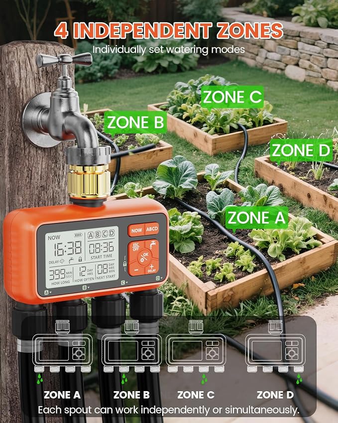 Sprinkler Timer 4 Zone with Brass Inlet Water Timer for Garden Hose Programmable Hose Faucet Controller with Independent Zone Control Custom Rain Delay Manual&Auto Watering Child Lock for Yard Lawn