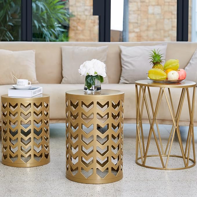 Y&M Outdoor Side Tables Set of 3, Round Heavy Duty Metal Nesting End Tables, Stacking Patio Accent Tables for Outside, Balcony, Garden, Porch, Indoor & Outdoor, Gold