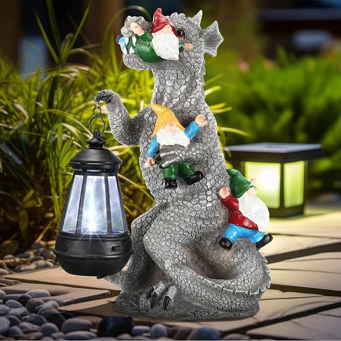 Garden Statue Decor with Solar Lantern Dinosaur Eating Gnomes Garden Statues Outdoor Decor 12” Dinosaur Gnomes Garden Statues Gnomes Statues Gardening Gift for Outdoor Patio Yard Decoration