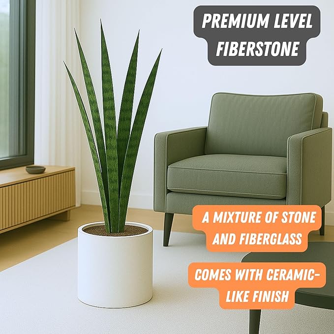 Fox & Fern Large Indoor Planter, Modern Large Plant Pot for Indoor or Outdoor, UV and Frost Resistant - 10 Inch, Fiberstone, Matte White Flower Pot with Drainage Plug, Lightweight