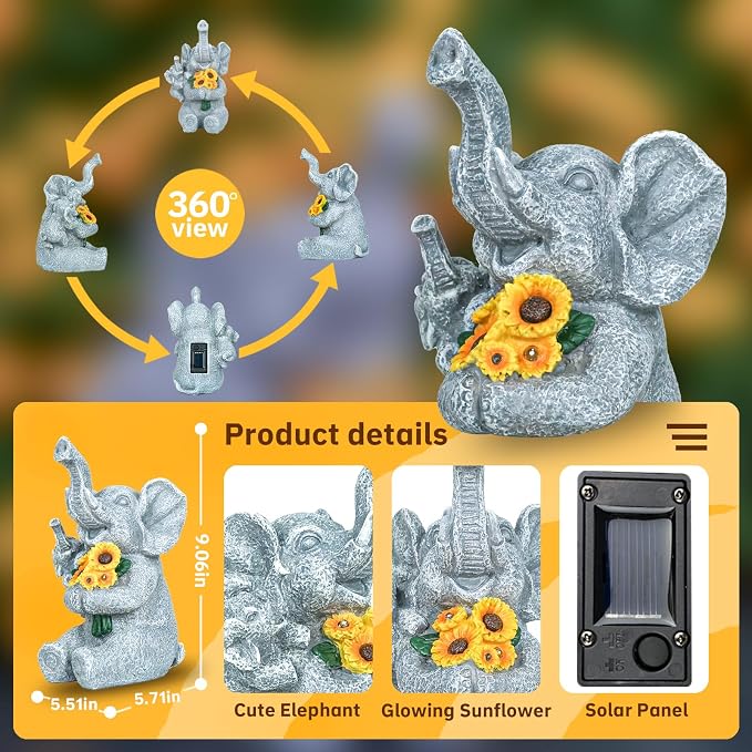 Elephant gifts for Women, Solor Garden Statue, Elephant and Sunflower Figurine with Lights, Outdoor Decorations for Yard Backyard Patio Porch, Gifts for Mom Daughter Grandma Friend Gardener