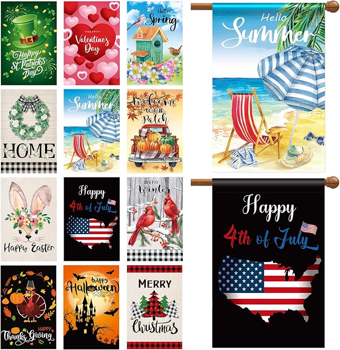 Mixweer 12 Pack 28 x 4 Inch Independence Day Flags Seasonal Garden Flags for Outside Holiday Double Sided Large Spring Summer Patriotic Lawn Yard Outdoor Banner Set Polyester for Festive Decorations