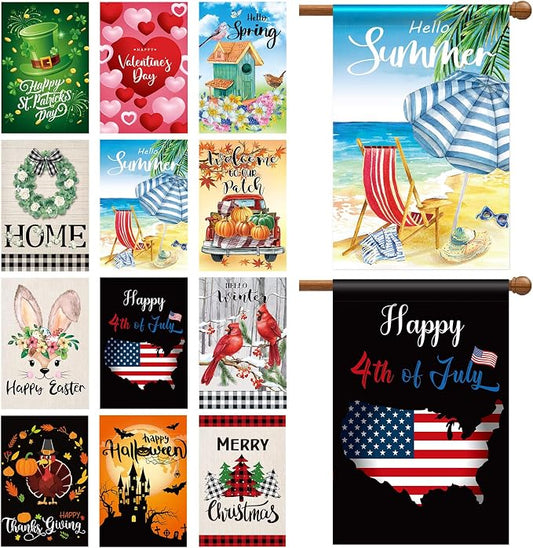 Mixweer 12 Pack 28 x 4 Inch Independence Day Flags Seasonal Garden Flags for Outside Holiday Double Sided Large Spring Summer Patriotic Lawn Yard Outdoor Banner Set Polyester for Festive Decorations