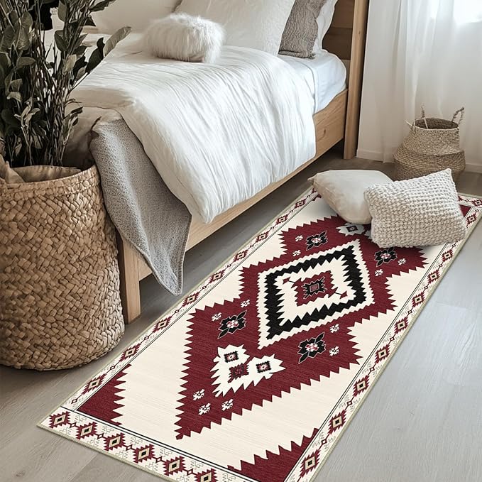 Western 2x6 Runner Rugs for Hallway Southwestern Kitchen Area Rug | Washable Southwest Area Rug Low Pile Non-Slip Navajo Aztec Tribal Long Carpet for Kitchen Doorway Laundry, Beige Red