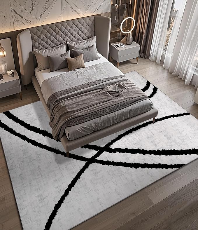 Modern Area Rugs for Living Room, 8x10 Washable Black and White Rug, Thin Abstract Geometric Striped Rug, Area Rug for Bedroom,Kitchen,Dining Room,Office
