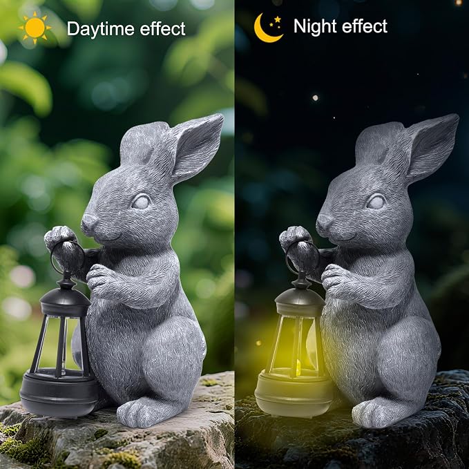 basen Outdoor Bunny Statue with LED Lantern, Battery Powered Resin Rabbit Garden Decor, Weather Resistant Gray Bunny Ornament for Lawn Yard Patio Outdoor Indoor Spring Easter Decoration