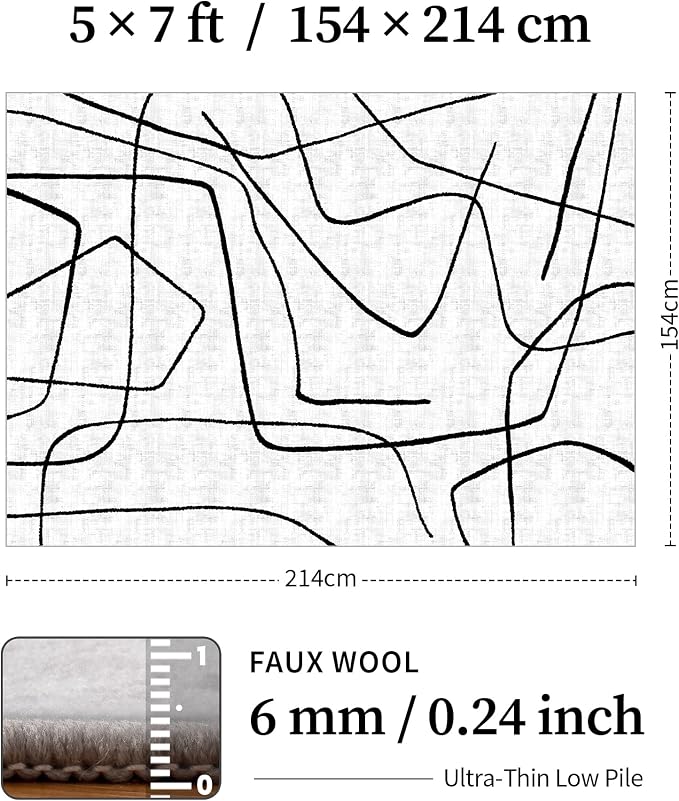 5x7 Washable Modern Abstract Black White Area Rug | Ultra-Thin Low Pile, Non-Slip TPE Backing, Soft Stain Resistant, Machine Washable, for Bedroom Livingroom High Traffic