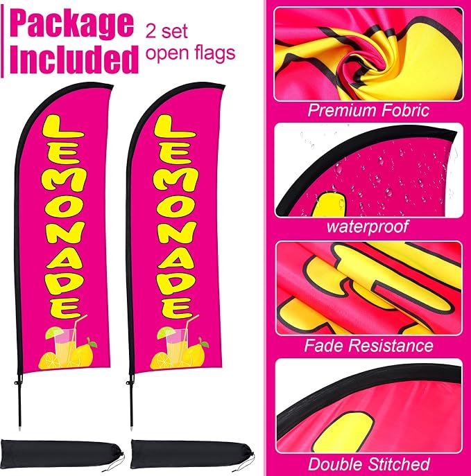 Buryeah 2 Pack Lemonade Feather Flag for Business Advertising 7x5.4ft Feather Flag Sign with Flagpole Ground Stake Portable Bag Lemonade Banner with Rope for Outside Garden Business Party (Rose Pink)