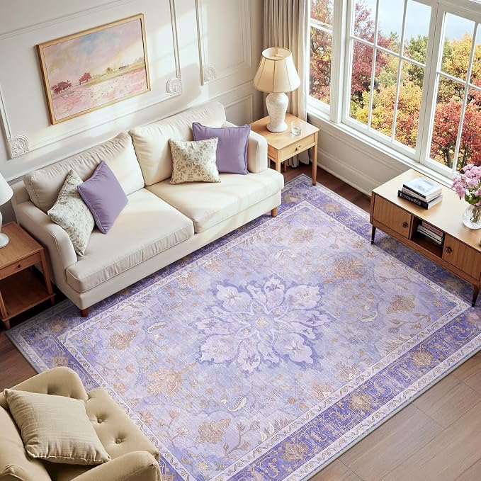 RELEANY Washable Area Rug, 6'x9', Purple | Non-Slip, Water Repellent, Pet Friendly, Easy to Clean, Vintage Floral Boho Decor for Living Room Bedroom Dining Room Office