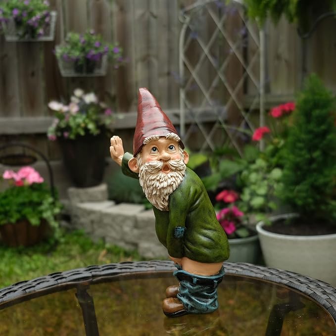 Gnome Statue - 10.3" Tall Polyresin - Willy The Peeing Garden Gnome for Lawn Ornaments, Indoor or Outdoor Decorations - Red and Green Funny Gnomes