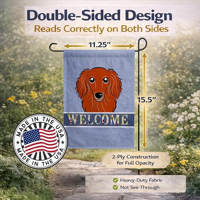 Caroline's Treasures BB1400GF Longhair Red Dachshund Welcome Garden Flag, Blue Mailbox Flag Decorative Yard Flag Banner Outside Patio Artwork Yard Flower Beds, Garden Size, Multicolor