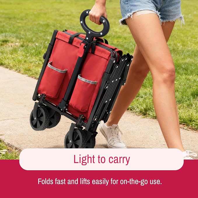 SYNCFUN Collapsible Wagon Cart Foldable, Portable Rolling Shopping Carts on Wheels, All Terrain Folding Sport Beach Wagons for Sand, Heavy Duty Utility Cart for Groceries Fishing 300lbs, Red