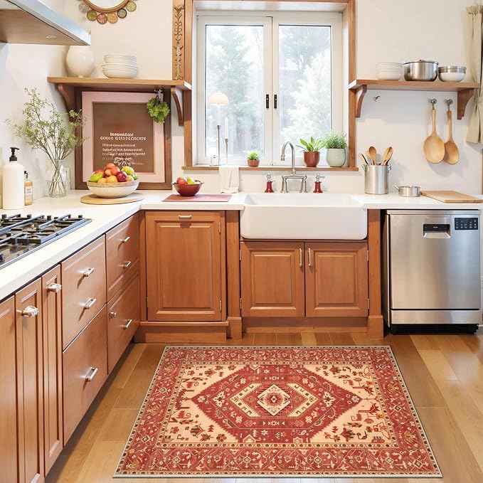 SERISSA 2x3 Washable Non Slip Boho Small Area Rug for Entryway，Red | Ultra Soft Vintage Oriental Carpet Low-Pile Tribal Indoor Mat for Bedroom Kitchen Bathroom Entrance Floor