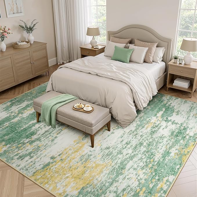 9x12 Area Rug for Living Room, Abstract Washable Large Rugs, Light Green | Soft Neutral Carpet for Bedroom, Dining Room, Home Office Nursery Indoor, Stain Resistant,Non-Slip, Low Pile, Modern Rug