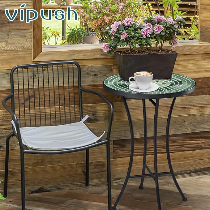 Vipush Mosaic Outdoor Side Table, 14" Round Folding Plant Stand for Patio Garden Backyard Balcony Porch Indoor Accent End Table for Living Room, Ceramic Tabletop with Black Iron, Green