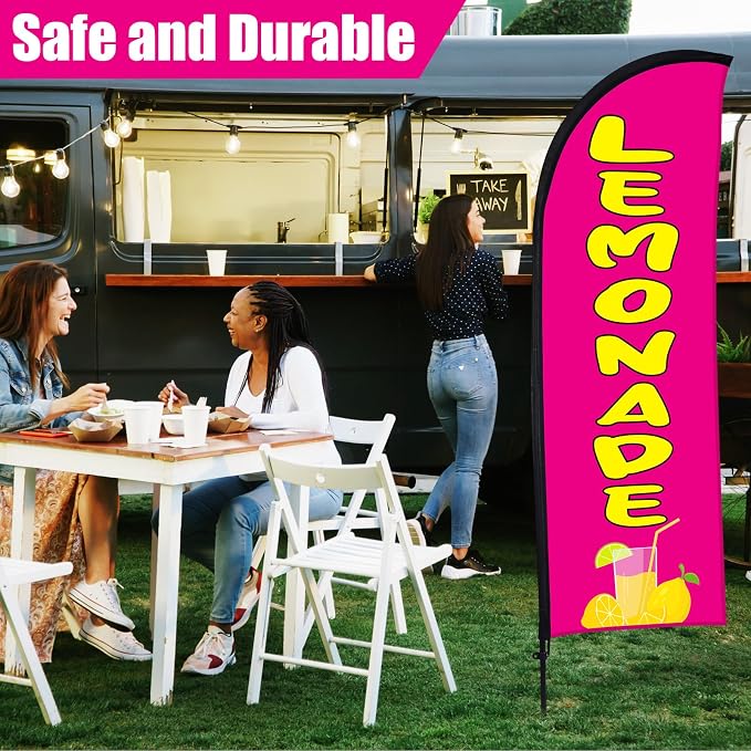 Hahafelt 2 Sets Lemonade Open Feather Flag for Business Advertising 8 ft Feather Flag Sign with Flagpole Ground Stake Portable Bag Lemonade Banner for Outside Park Garden Restaurant(Rose Pink)