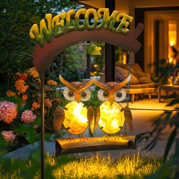 Solar Lights Outdoor Decor, Owl Swing Garden Decor, Owl Gifts for Women Mom, Whimsical Garden Lights Outdoor Decorations with Welcome Sign for Outside Patio Yard Lawn Decor-48inch