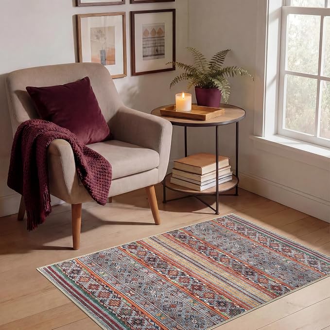 Keen Home Design Vintage Washable Entryway Rug, Non-Slip Low Pile, 2x3 | Machine Washable Cotton Chenille, 0.25In Low Pile, Rubber Non-Slip Back; Kitchen, Entryway, Bathroom, Bedside