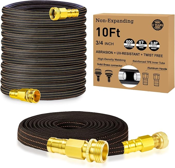 10FT Lightweight Garden Hose,Flexible Water Hose with Solid Brass Head,Kink-Free,Leak-Proof,All-Weather 3/4 in. Lead-in Hose for RV,Boat,Car Wash,Garden,Yard,Camper,Outdoor (Orange-Black, 10 Feet)