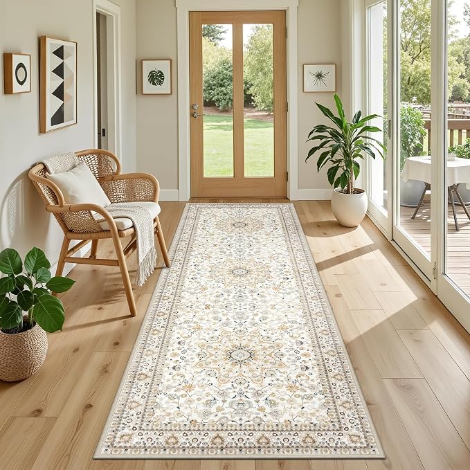 Hallway Runner Rug: 2.6x8 Kitchen Boho Rugs for Living Room Beige | Runner Rug Hallway Washable Rug No Slip Soft Bedroom Rug Indoor Floor Stain Resistant Carpets for Entryway, Laundry, Bathroom