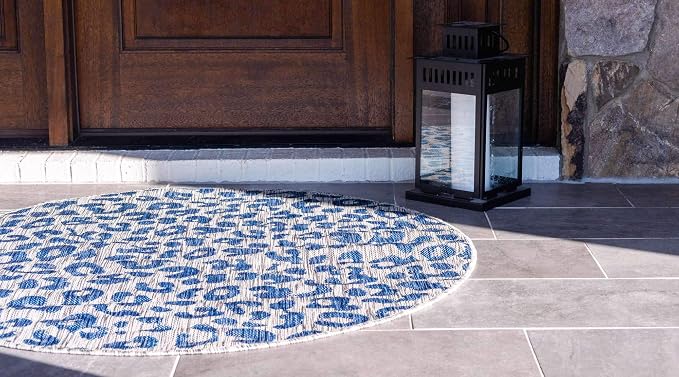 Unique Loom Outdoor Safari Collection Area Rug - Leopard (4' 1" Round, Blue/ Gray)