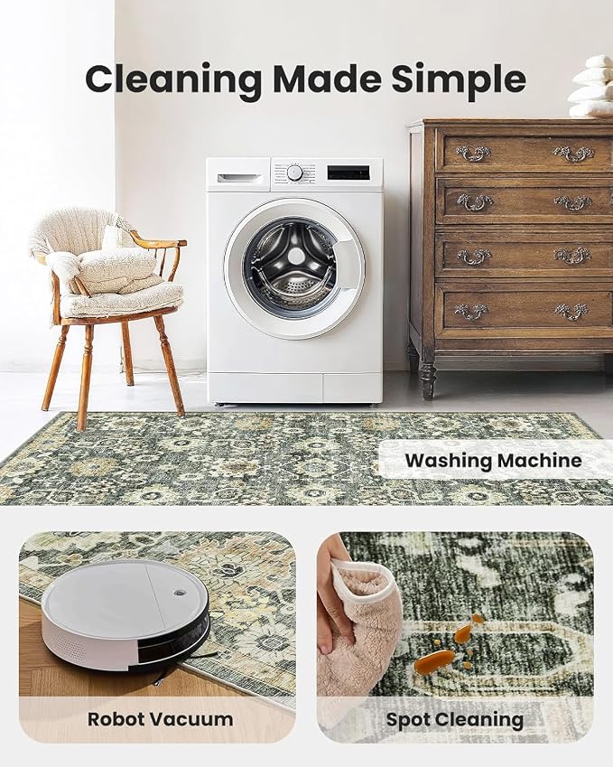 AMADA HOMEFURNISHING 10x14 Washable Area Rug, Low-Profile Large Area Rug with Non-Slip Backing & Durable Edge Binding, Vintage Large Rugs for Living Room, Bedroom & Dining Room