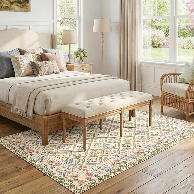 jinchan 5x7 Vintage Floral Washable Living Room Area Rug, Sage Green | Soft & Lightweight, Checkered Floral, Low Pile, Non Slip, Bedroom, Dining Room, Girls Room, Home Office, Cottage Decor