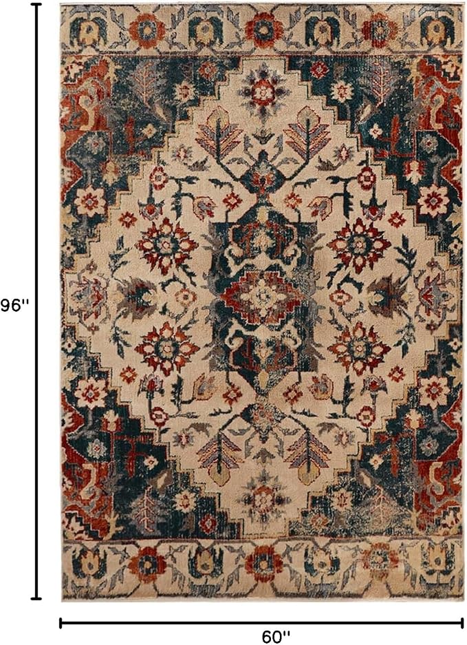 Superior Indoor Area Rug or Runner, Patchwork Rustic Leaves Floor Decor, Soft Plush Rugs for Living Room, Office, Kitchen, Dining, Aesthetic Home Accessories, Zelder Collection 5ft x 8ft - Ivory-Teal