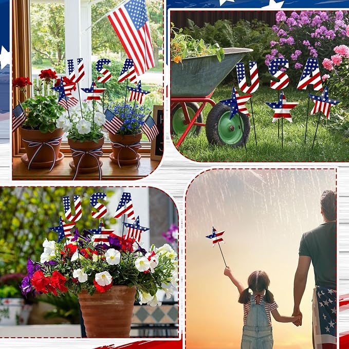 Pickmesh 6 Pcs 12" H Patriotic Outdoor Decor Metal Yard Sign 4th of July Outdoor Decor Red White Blue 250th Anniversary Star USA Flag Garden Stake American Yard Sign for Independence Day Decoration