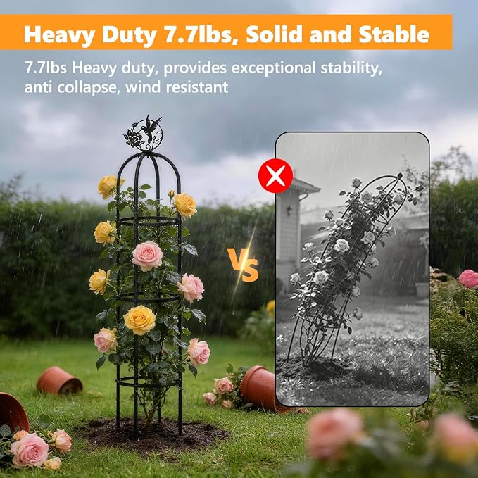 Elegant Outdoor Garden Trellis for Climbing Plants with All Premium Metal | Floral Bird Topper 5.9ft Tall, 7.7lbs Heavy Duty, Collapse Proof, Solid & Stable, for Outdoor Flower Vine Vegetable Support