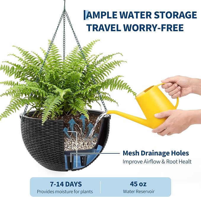 13.8 Inch Self Watering Hanging Planter, 4PCS Round Resin Hanging Basket for Indoor Outdoor Plants, Rattan Look Flower Pot with Drainage Plug, Deep Inner Pot and Sturdy Metal Triple-Chain Hanger