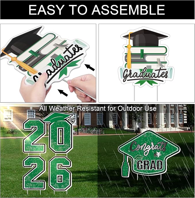 Large 11 PCS Graduation Yard Signs, Class of 2026 Congrats Grad Outdoor Lawn Yard Sign with Stakes, Graduate Yard Decorations for College High School Party, Black and Green