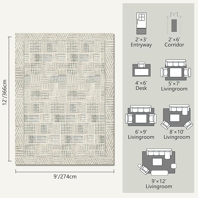 Area Rug 9x12 Abstract Geometric Textured Brushstroke - Neutral Gray & Light Blue Modern Minimalist Area Rug, Decorative Carpet for Living Room Bedroom Home Decor