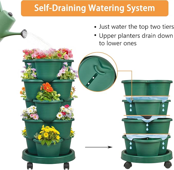 VECELO 5 Tier Vertical Garden Planter, Self Watering Stackable Planters with Wheels for Strawberries, Herbs, Flowers, Vegetables, Dark Green