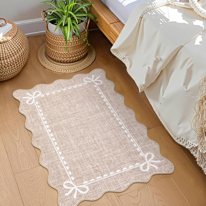 GarveeHome Scalloped Entryway Rug 2x3 Washable Front Door Bow Rug, Camel | Non Slip Soft Low Pile Ultra-Thin Stain Resistant Indoor Carpet for Girls Dorm Nursery Bedroom Decor Hallway Kitchen Floor