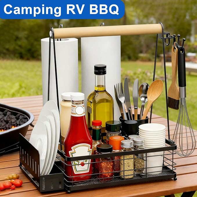 Grill Caddy with Plate Holder and 2Paper Towel Holder, Picnic BBQ Condiment Utensil Organizer Caddy for Outdoor Cooking, RV, Camping Essential, Camper Must Haves, Grilling Gifts