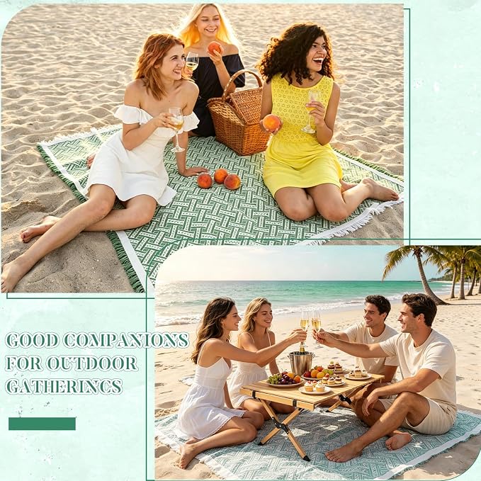 91'' x 71''Extra Large Outdoor Boho Picnic Blanket,Woven Cotton Yarn Blanket with Fringe for Boho Decor Camping Lawn Wedding Photoshoot Beach Park Grass (Green)
