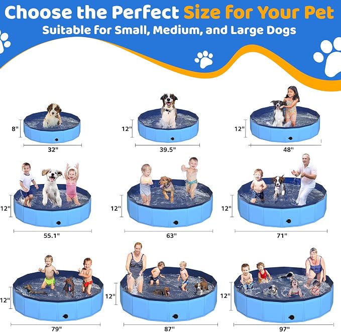 CACSPS 48" x 12" Foldable Dog Pool - Collapsible Hard Plastic Kiddie Pool for Dogs & Kids, Non-Slip Pet Bath Tub for Outdoor Backyard Use, Lightweight & Portable (Blue)