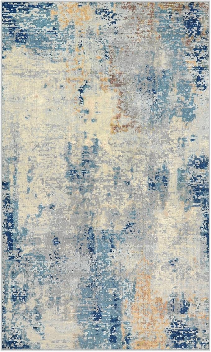 Lahome Modern Abstract Area Rug 3x5, Washable Bedroom Rug Soft Throw Entry Mat Contemporary Faux Wool Non-Slip Stain Resistant Carpet for Living Room Kitchen Bath Office, Blue/Yellow/Ivory