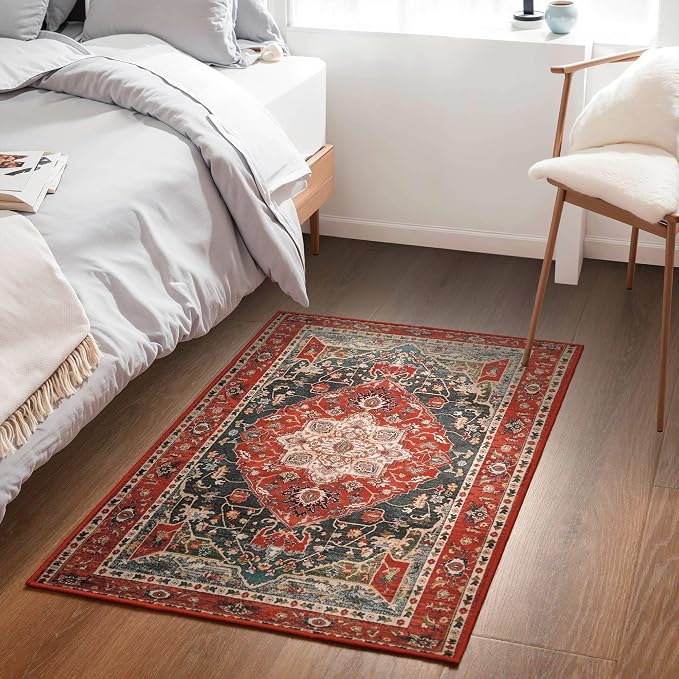 YJ.GWL Area Rug 2x3 Floral Vintage Rugs, Indoor Entrance Door Mat Small Washable Rugs, Non Slip Carpet for Living Room Entryway Kitchen, Orange-Red