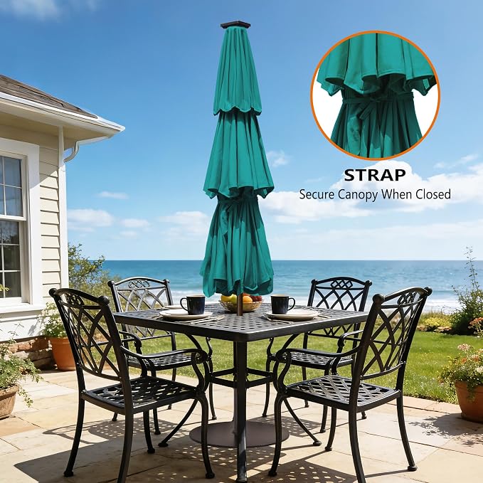EliteShade USA 10-Year-Non-Fading 10ft 3-Tier Market Patio Umbrella, Commercial Table Umbrella with 80 Solar LED Lights, Crank Open, Windproof & UPF 50+ UV Protection for Garden, Deck, Pool, Backyard, Teal