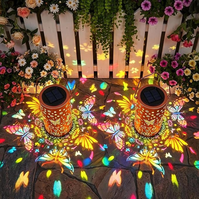 2Pack Colorful Butterfly Solar Lanterns Outdoor Decor, Garden Decor Gifts for Women Mom Sister Grandma, LED Hanging Solar Lantern Lights Outside for Table Yard Lawn Garden Path Porch