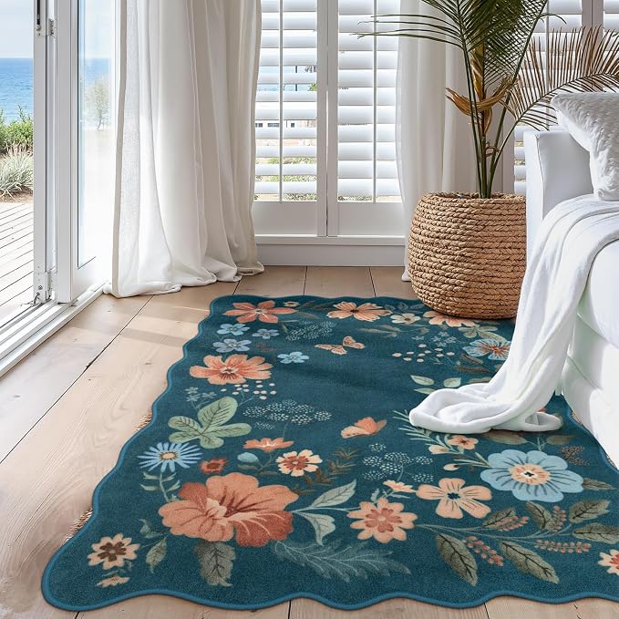 Lahome Floral Washable Rugs for Bedroom, 4X6 Area Rug Soft Living Room Rug | Ultra-Thin Non-Slip Classroom Rug Stain Resistant Boho Rug Low-Pile for Nursery Office Flore (4x6ft, Navy/Blue)