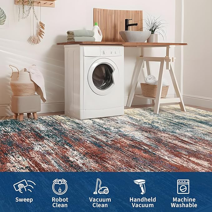 ROYHOME Modern Abstract Living Room Rug 8x10, Red/Multi | Washable Area Rugs for Bedroom, Stain Resistant Non Slip Large Rug, Soft Indoor Carpet for Dining Room Table Home Decor,