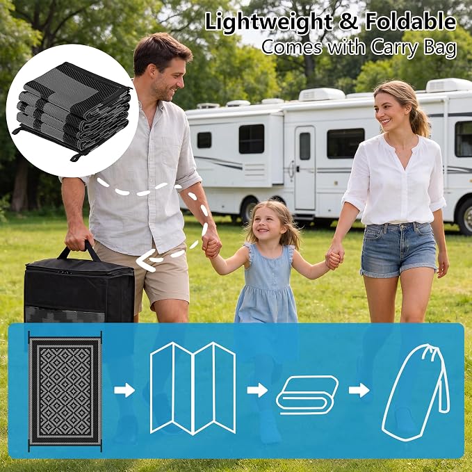 Kohree RV Outdoor Rug 8x10 Reversible, Waterproof Patio Mat with 4 Stakes & UV Fade Resistant, Non-Slip Outdoor Camping Mat for Deck, Picnic, Backyard, Includes Carry Bag (Black & Grey)