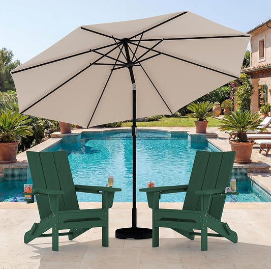 SERWALL Modern Folding Adirondack Chair Set with 9 Ft Umbrella, Folable Adirondack Chairs Set of 2 with Cup Holders, HDPE Fire Pit Chairs for Patio Lawn Garden, Green (Umbrella Base is not Included)